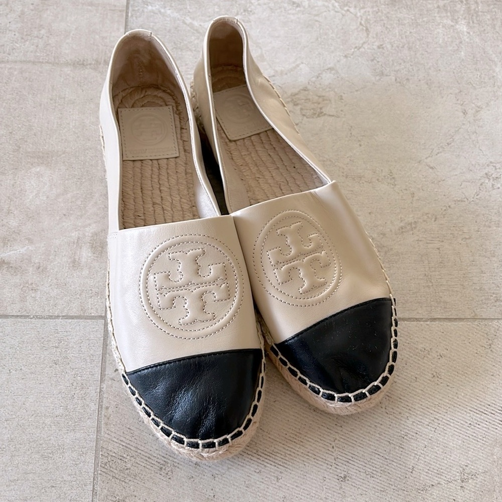 Tory Burch Espadrilles - Cream Leather with Balck tipping - size 7